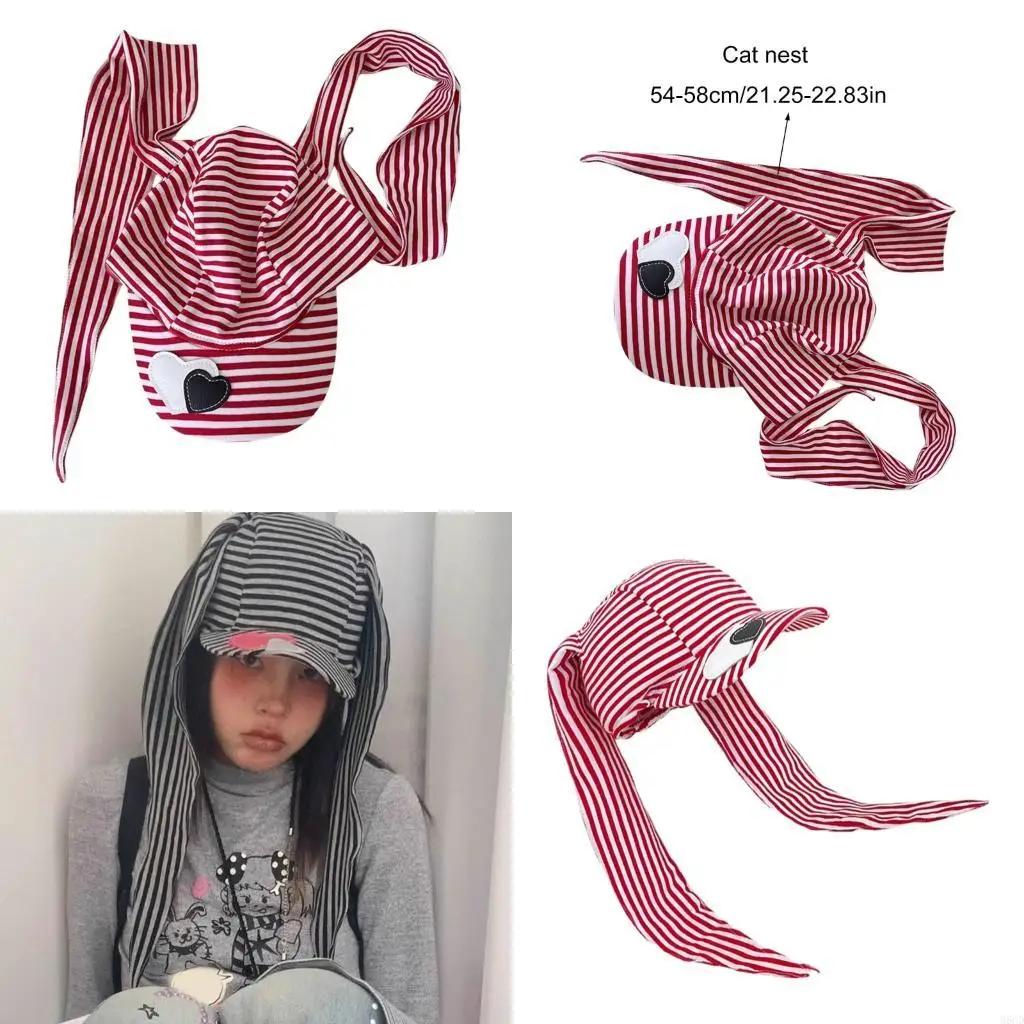 

M6CD Breathable Stripe Hat Unique Subcultural Bunnies Ear Baseball Hat for Daily Wear