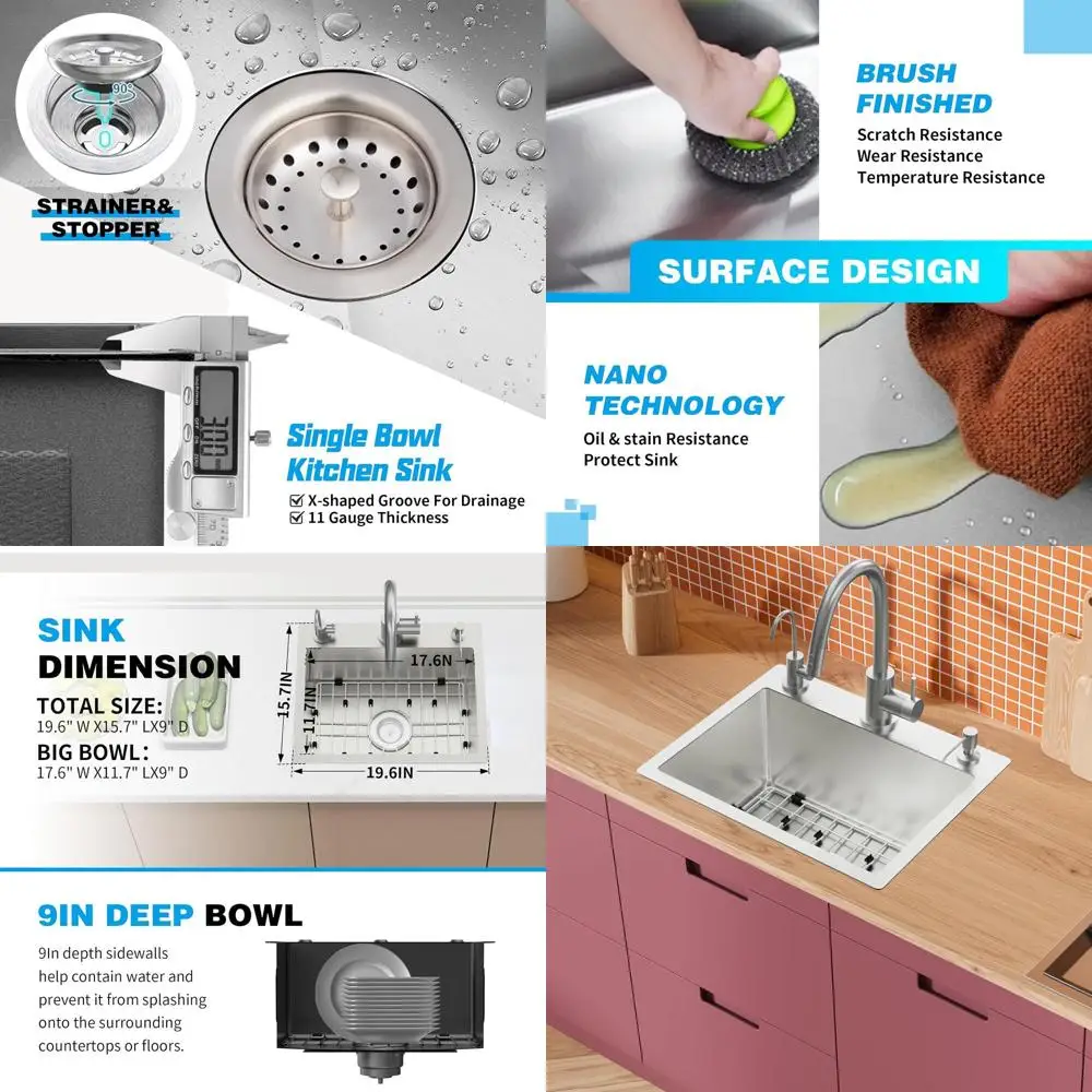 

Stainless Steel Small Kitchen & Bar Sink, 19.7x15.7 Inches, Ideal for Limited Spaces, Bottom Grid, Drain Basket, and Assembly In