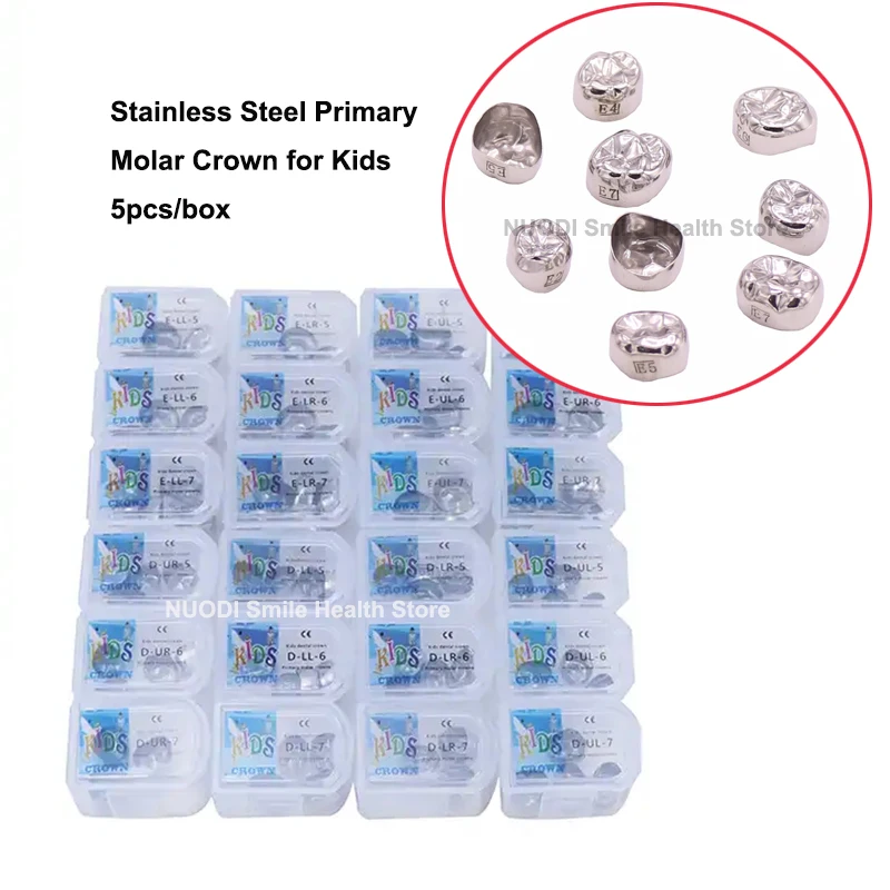 5Pcs Dental Kids Crown Preformed Metal Primary Molar Teeth Crown 1st 2nd Stainless Steel Pediatric Temporary Crowns Dentist Use