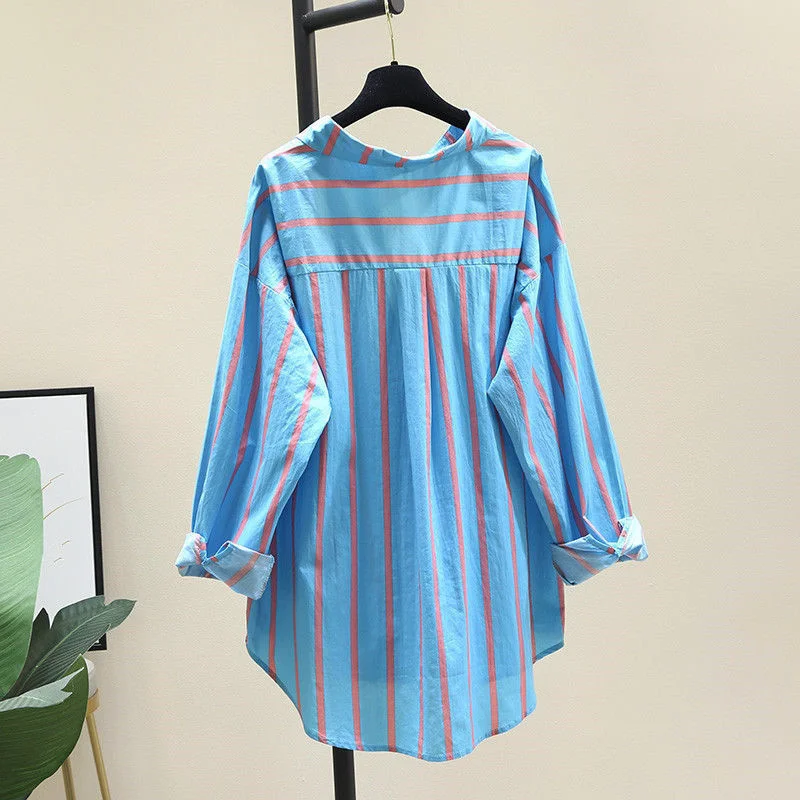 Yellow Striped Shirt Women 2023 Spring Summer Top New Korean Large Size Bat Sleeve Blouse Design Sense Sunscreen Coat Female