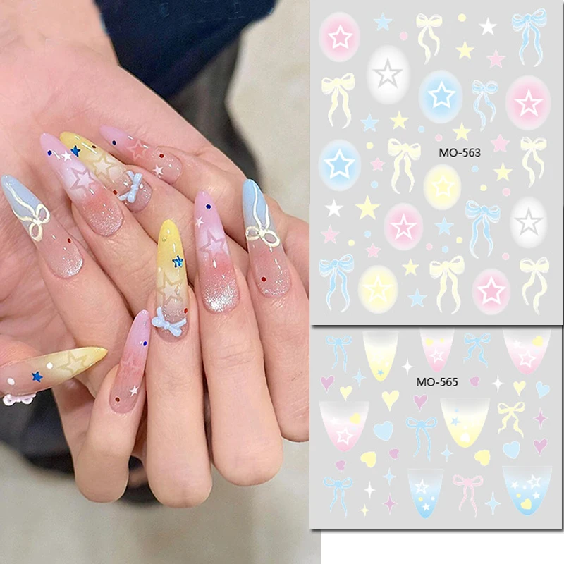 5D Embossed Nail Art Stickers Full Tips Candy Color Hollow Stars Love Hearts Bowknots Nails Decals Decorations For Manicures