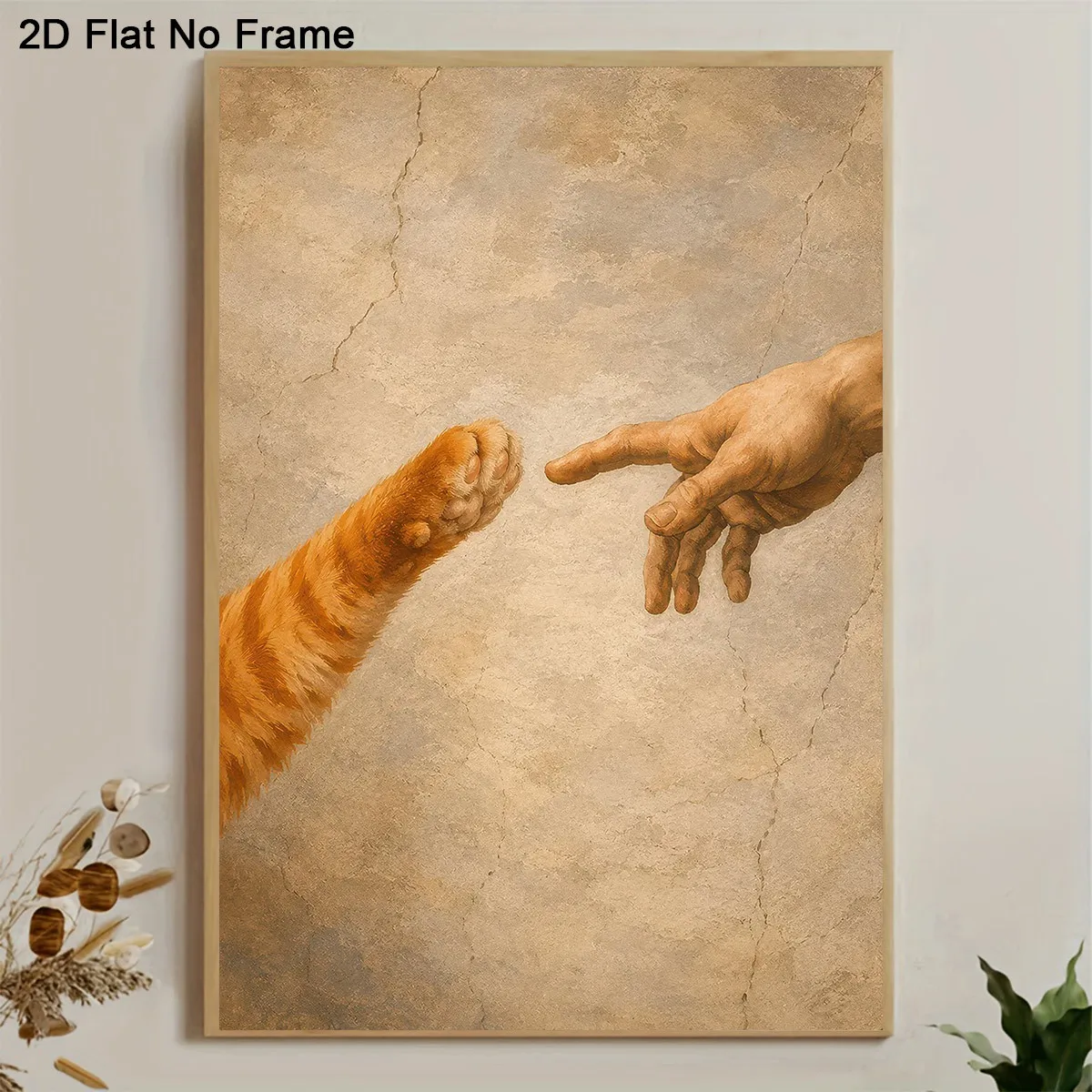 2D Flat, 2D Flat, 1pc Frameless Canvas Poster, Creative Cat Paw Touching Human Finger Renaissance Art, Wall Art Canvas Painti