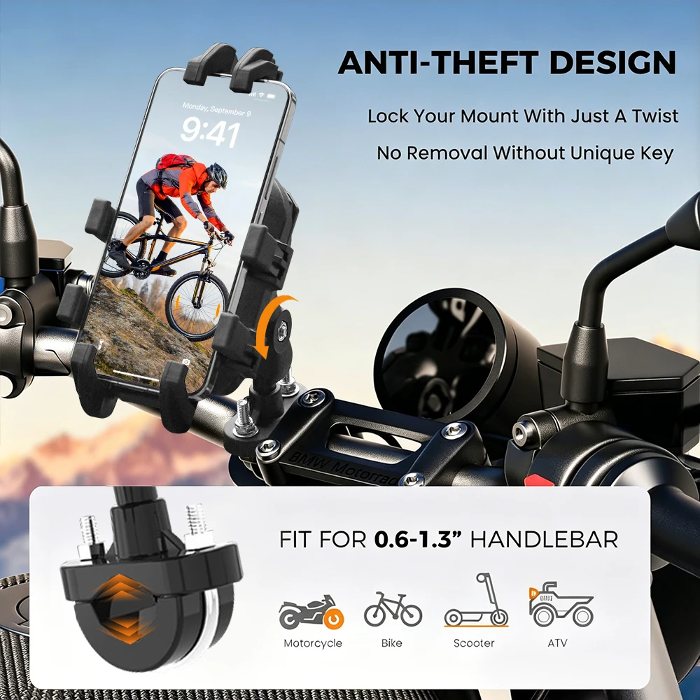 Immagine 5: Supporto per Telefono con Assorbimento degli Urti per Moto e Bicicletta, Stabile e Anti-vibrazione 360° °   Supporto per Navigazione GPS da Manubrio Moto con Regolazione della Rotazione