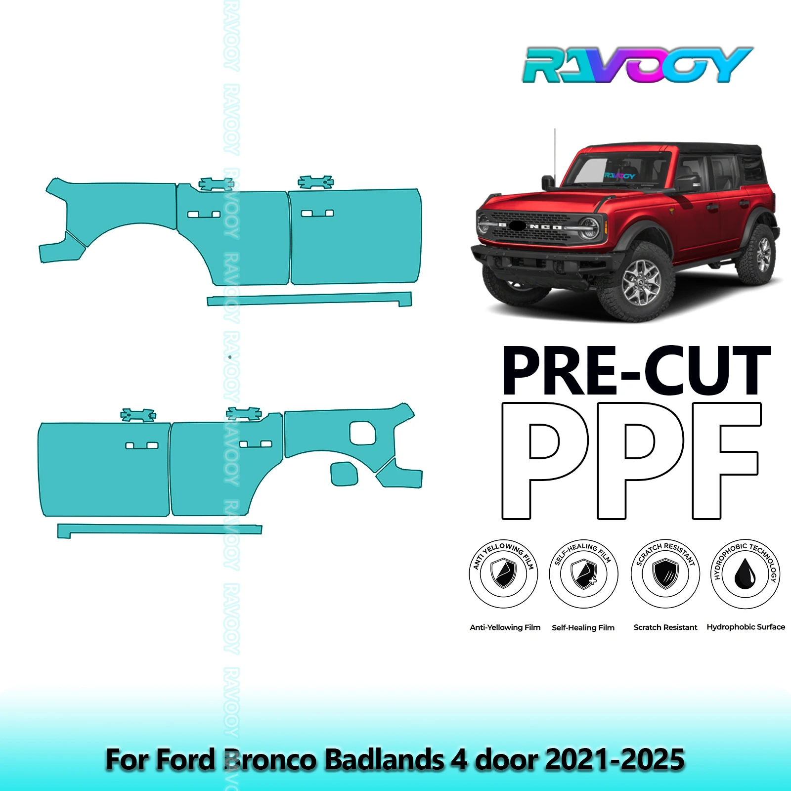 

For Ford Bronco Badlands 4 door 2021-2025 8.5mil Clear Matte Pre-Cut PPF Door & A/B Pillar Kit TPU Paint Protection Film Set