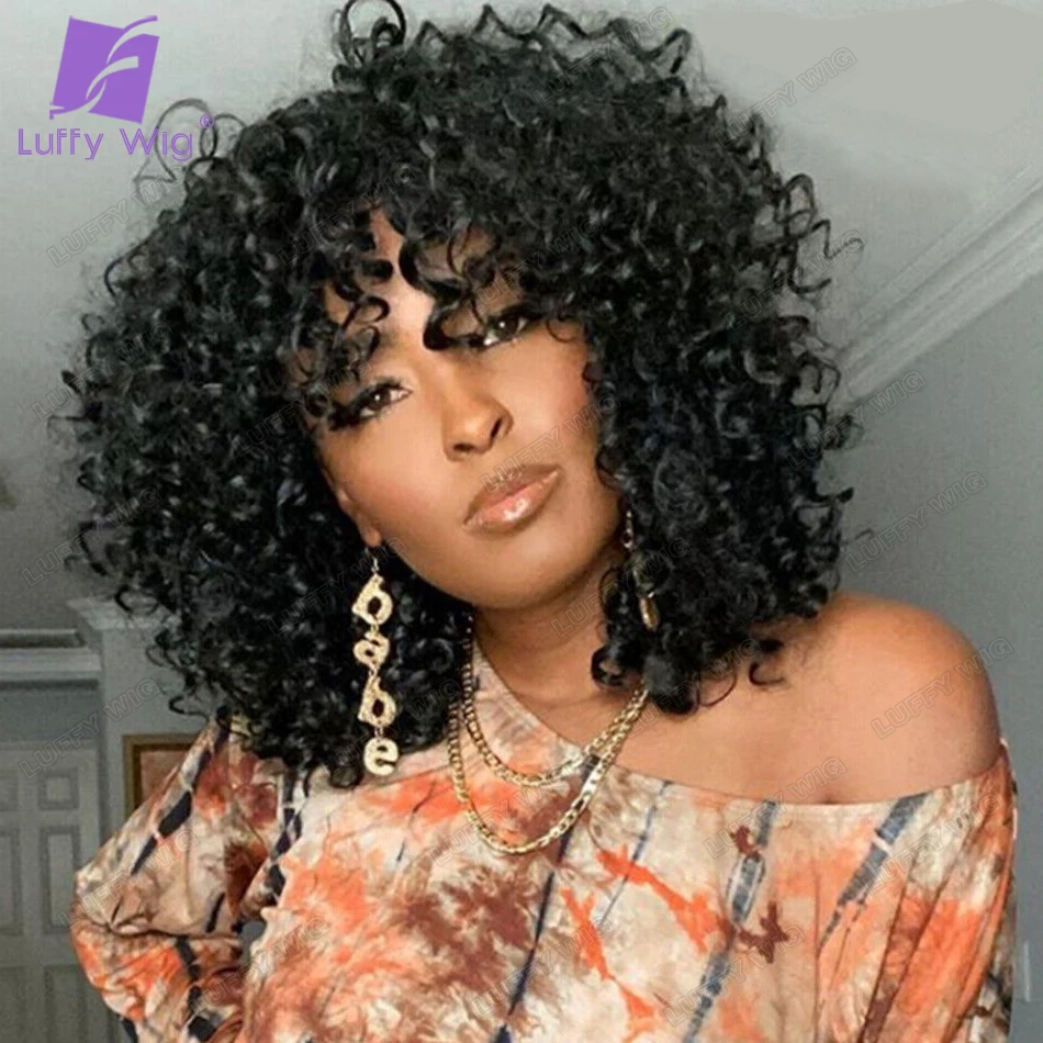 Short Curly Wig with Bangs Full Machine Made Scalp Top Wig Glueless Remy Brazilian Bob Curly Human Hair Wigs for Women Luffywig