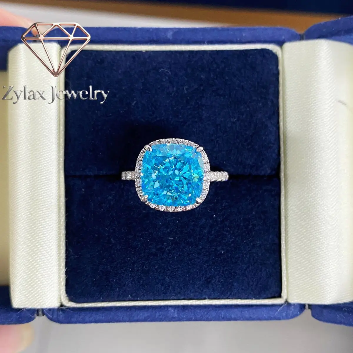 Zylax Jewelry Luxury Solid Platinum PT950 Sea Blue 5 karat Generous Sugar Raydean Cut Ice Flower Cut Diamond Ring