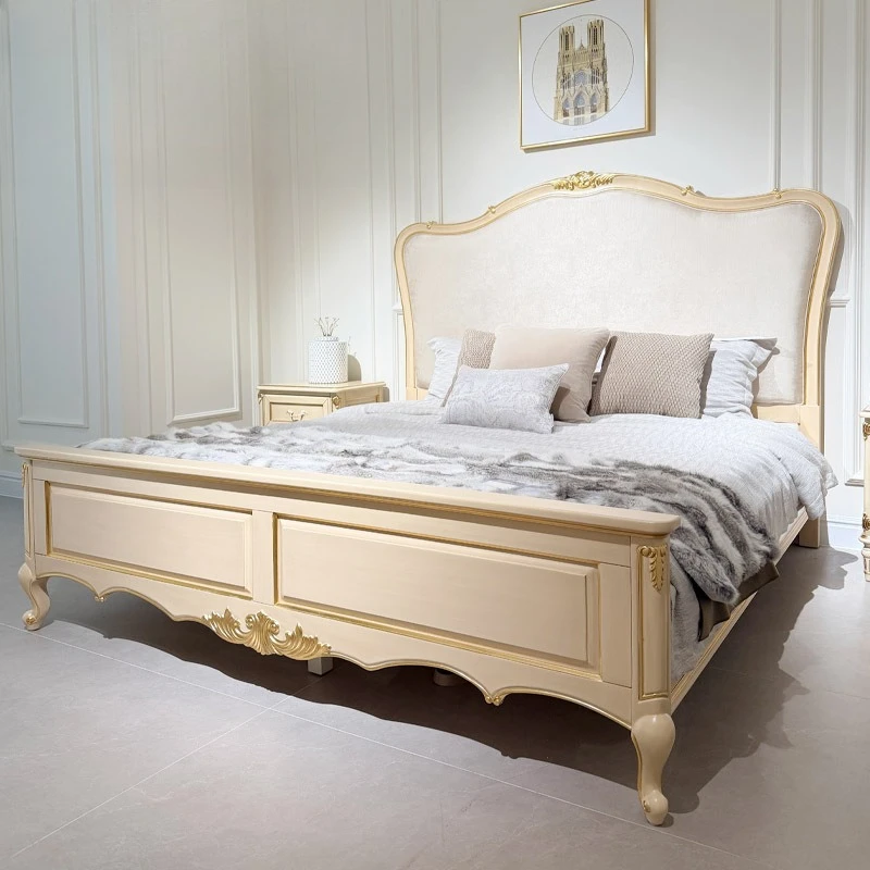 Ancient French Solid Wood Bed Villa Furniture European Bedroom Fabric Princess Double Bed