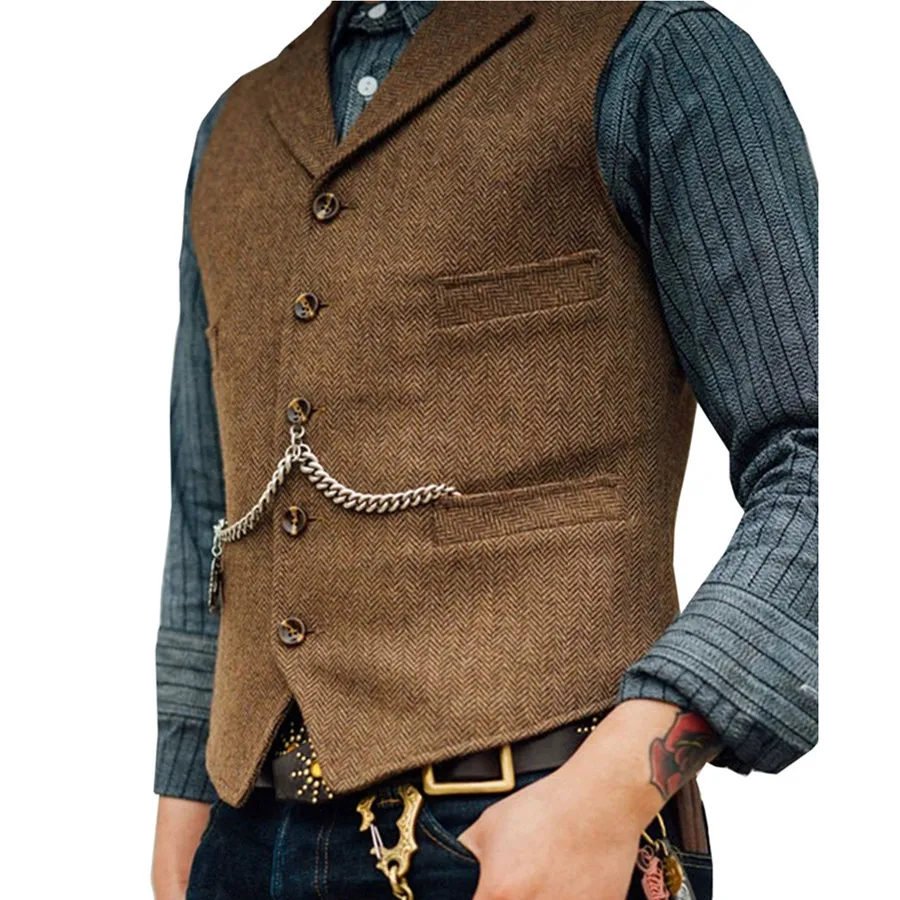 

Business Men's Suit Vest Lapel V Neck Herringbone Brown Waistcoat Formal Groomsman Sleeveless Jacket for Wedding Slim Outerwear