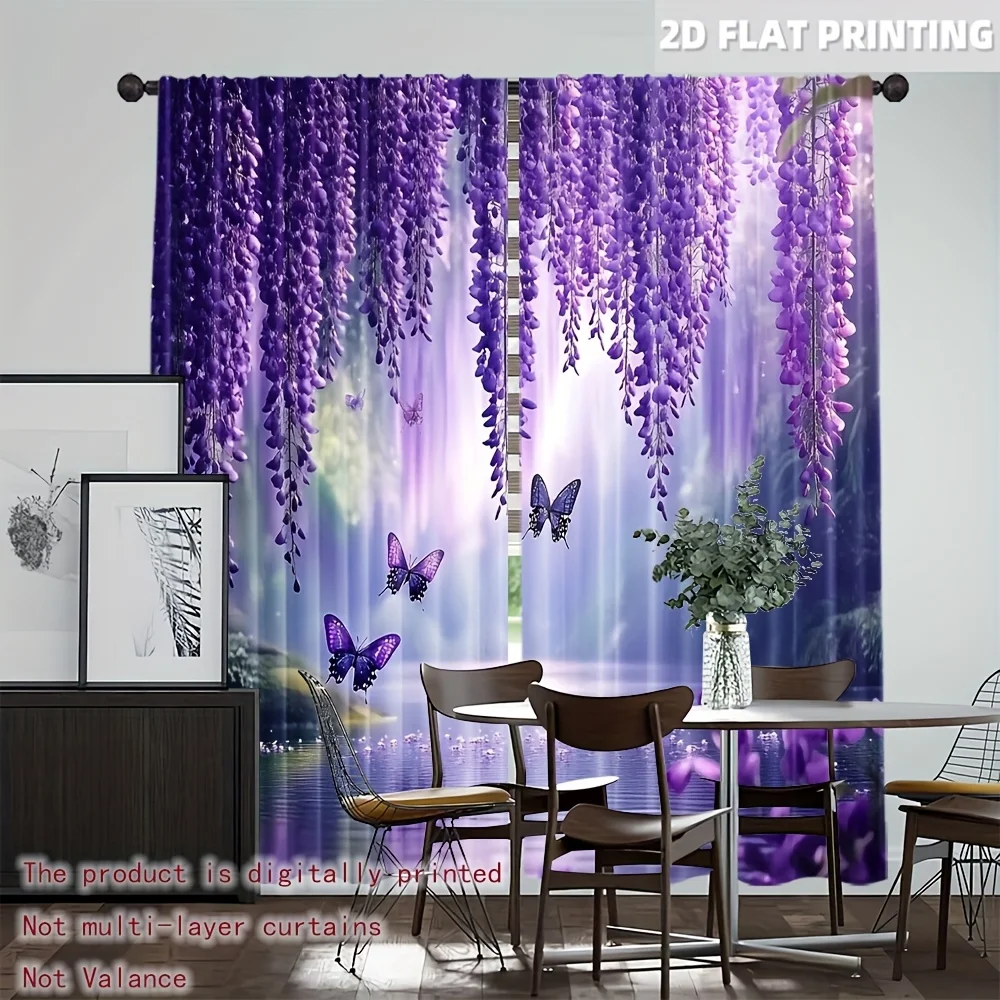 2PCS Digital Printed Curtains, Light Purple Flower Shadow Pattern, Stylish Window Treatment for Living Room Bedroom Decor