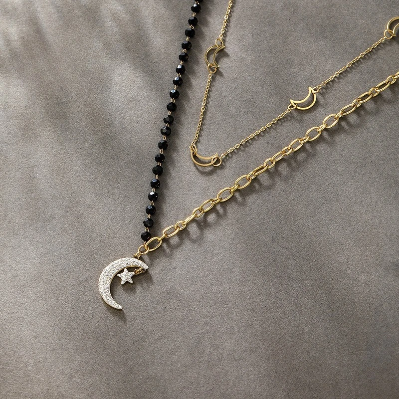 

Fashion niche design black beaded star moon double necklace collarbone chain female