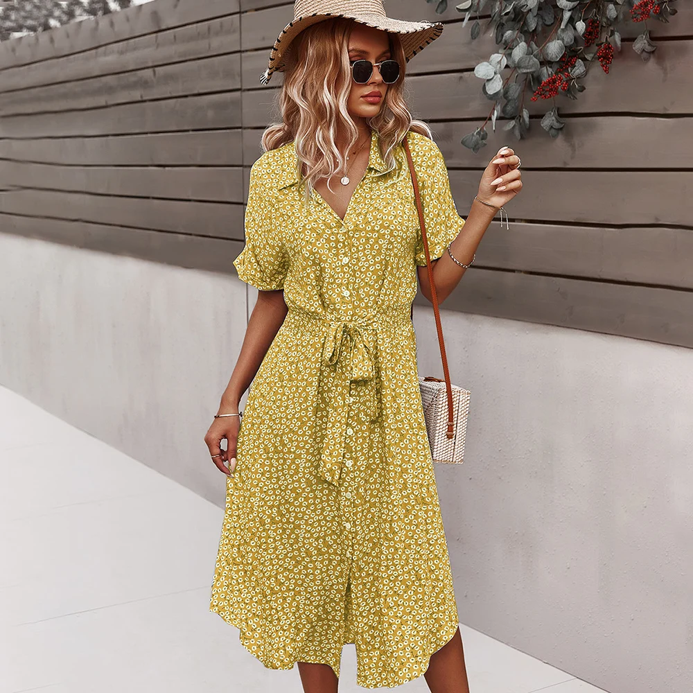 Damski kwiatowy sukienki A-Line Ditsy Tie przód zapinana Boho Midi Tshirt wakacyjny styl Casual z krótkim rękawem V Neck Ruffle Swing