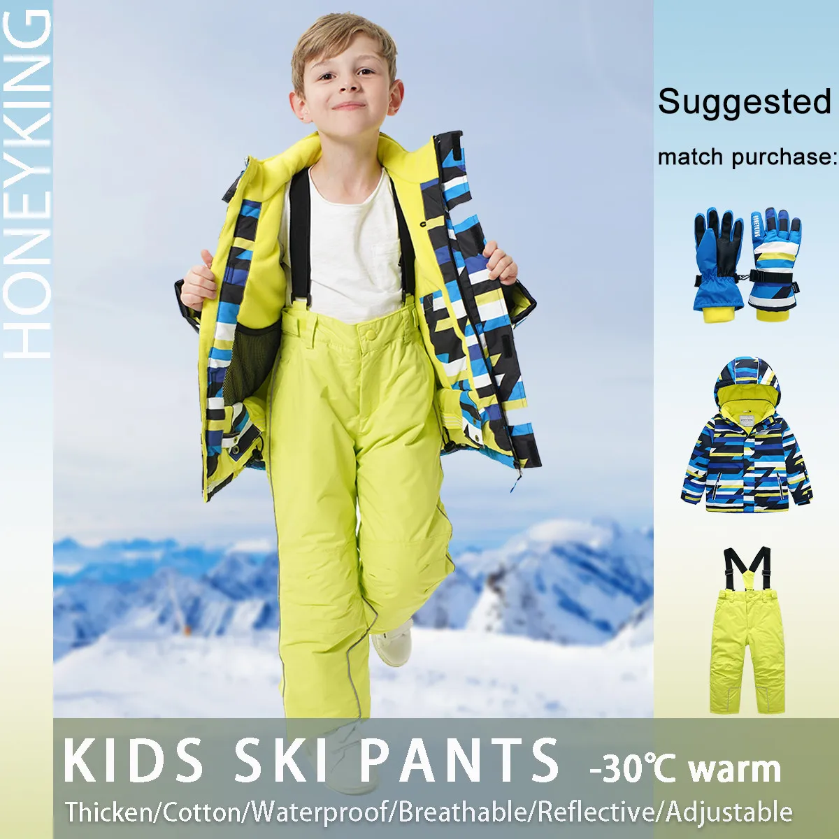 HONEYKING Pantaloni da sci per bambini Pantaloni da sci caldi impermeabili per esterni invernali Ragazzi e ragazze Tute Tute Tute Pantaloni da neve per bambini