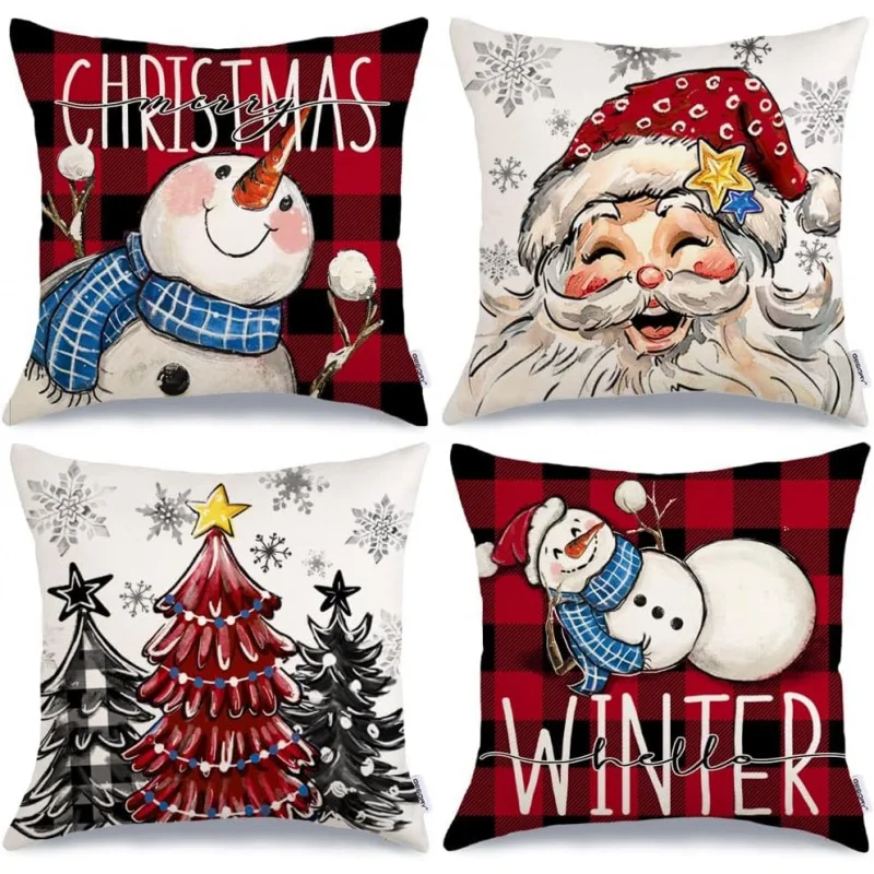 Christmas Pillow Cover 20inx20in4-piece Set Snowman Hello Winter Snowflake Pillowcase (Red and Blue)