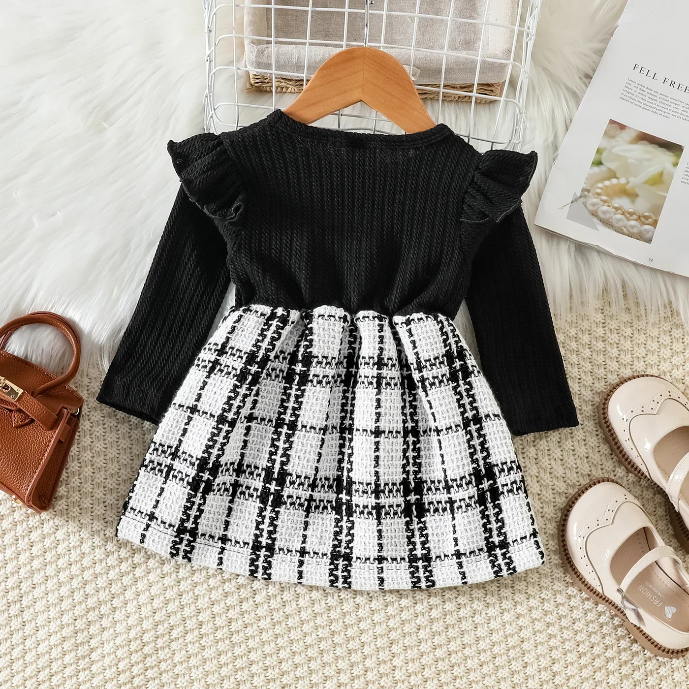 PatPat Baby Girl Solid Rib Knit Ruffle Long-sleeve Spliced Tweed Bow Front Dress Soft and Comfortable  Perfect for Outings