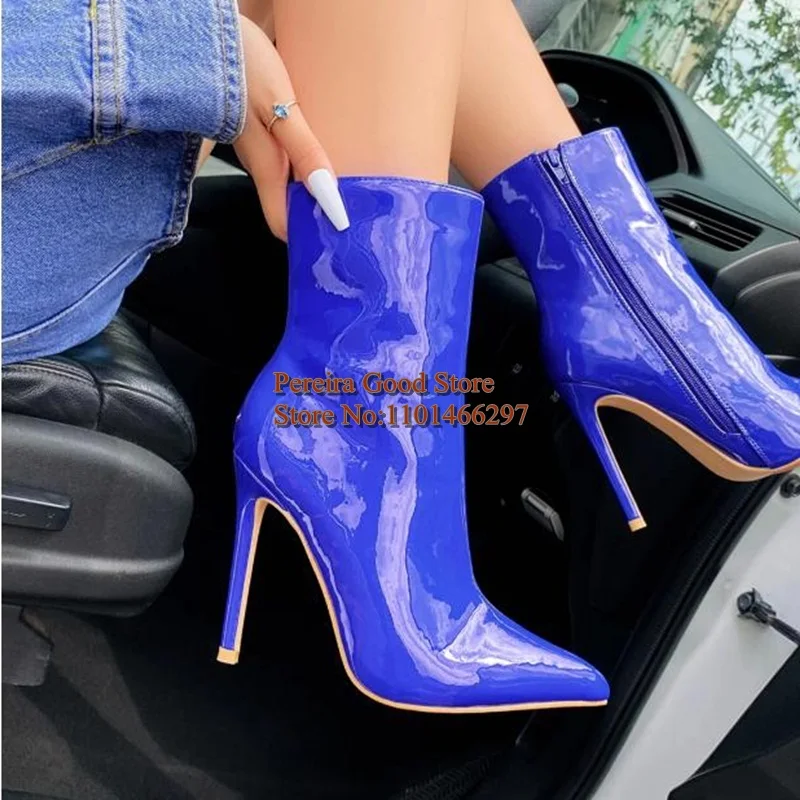 Blue Patent Leather Pointed Toe Women Ankle Boots Side Zipper 12CM Stiletto High Heels Spring Autumn Modern Boots Size 45