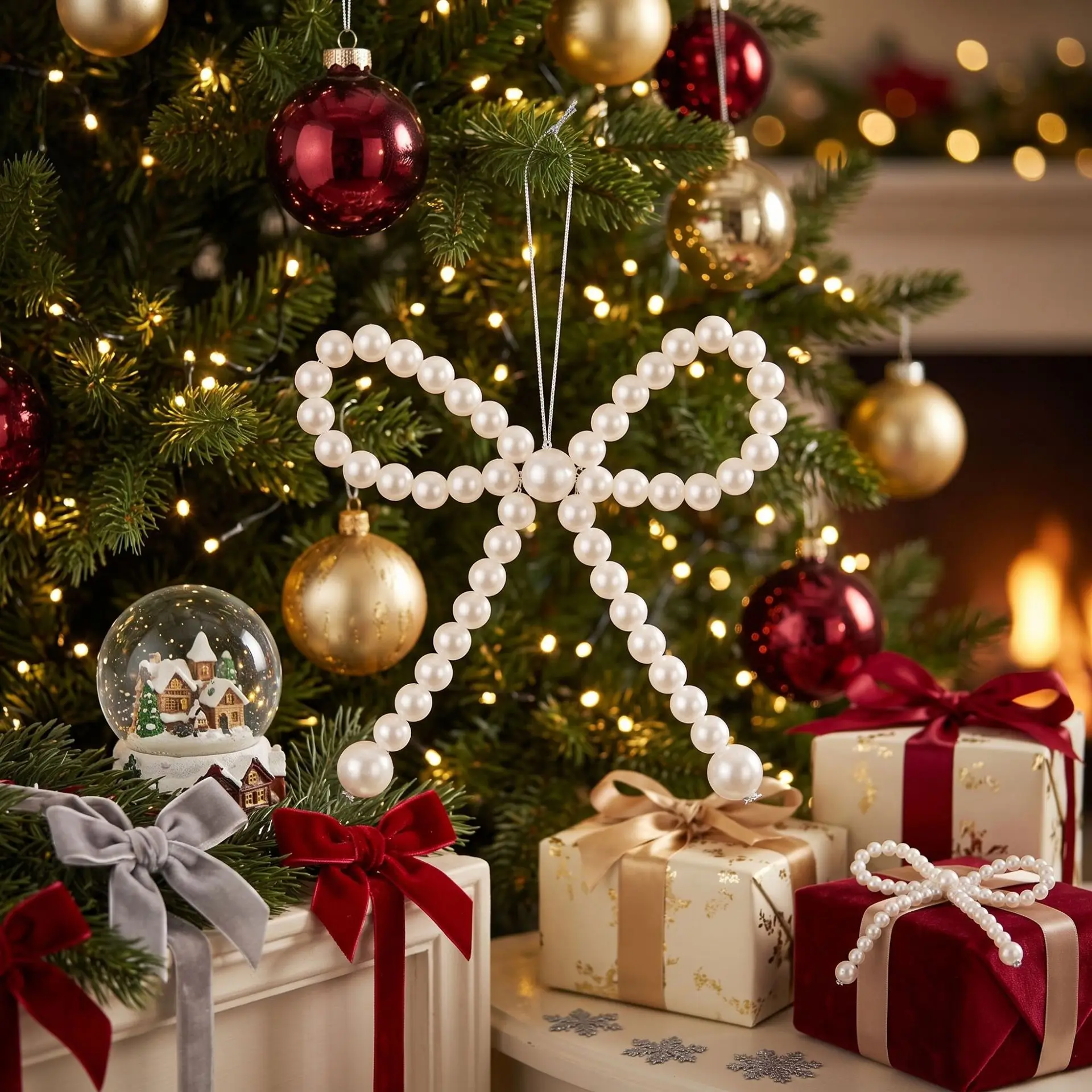 Christmas Tree Hanging Ornament Pearl Bowknot Pendant Holiday Party Home Window Decorative Accessory DIY Festive Hanging Charm