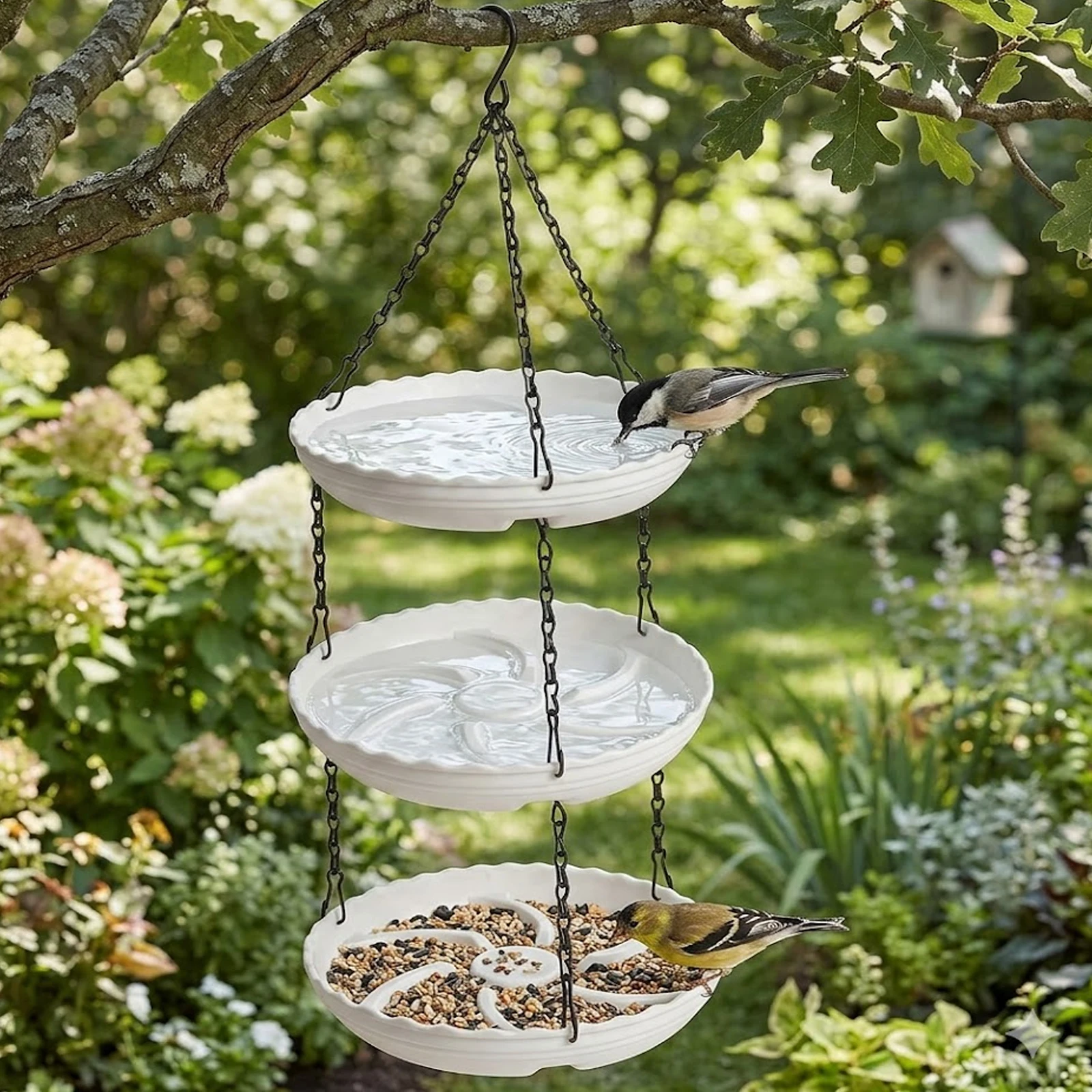 Hängende Vogelfutterstation & Badeplatte, All-in-One Vogelfütterungs- und Badeplatz, Leicht zu Reinigende Hängetray für Terrasse Balkon Außenbereich – Detail 3