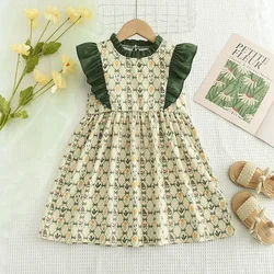 Summer Flower Rabbits Princess Dresses Flying Sleeves Baby Girls Casual Clothes 3 4 5 6 7 Years Print Costume