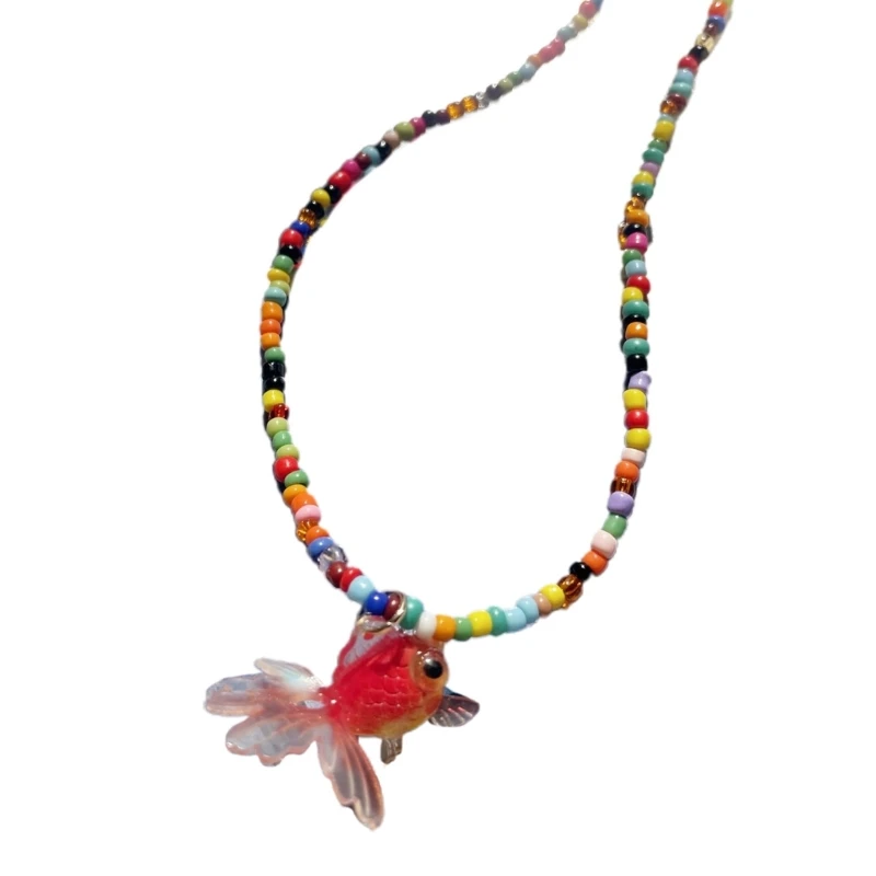 Beaded Necklace with Sweet Resin Fish Pendant Rice Beads Choker Daily Wear