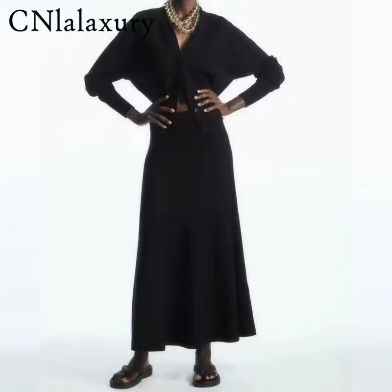 CNlalaxury Women 2023 New Fashion Casual Knitted Cardigan Retro Long Sleeve Chic V-Neck Button Mujer Top Elegant Sweater Skirt