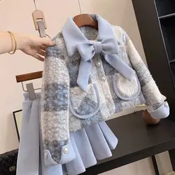 Autumn Winter Sets Thick Kids Clothes Childrens Princess 2Pcs Suit Fashion Baby Girls Warm Blue Coat+Pleated skirt Elegance Warm