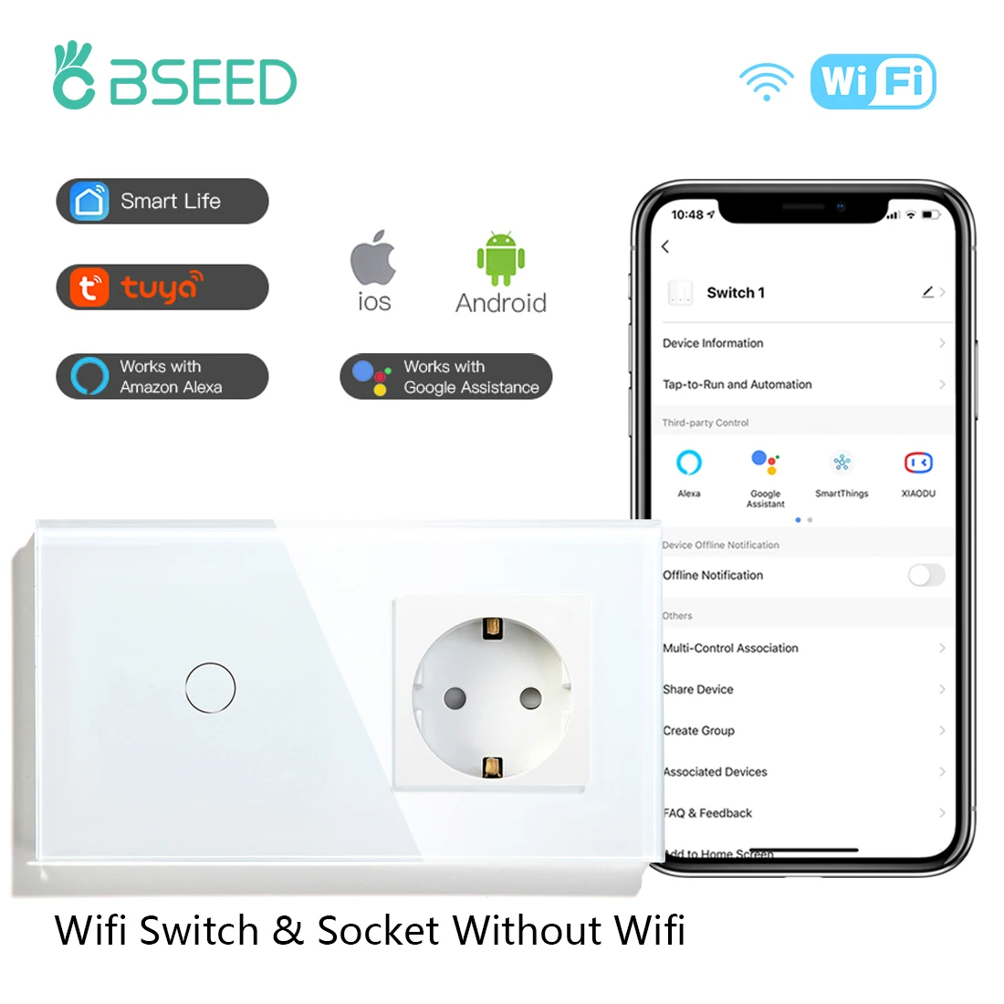 Bseed WIFI Smart Touch Switch Light Switch With Normal Socket USB Type-C Charge Port Work With Tuya Smart Life Google Alexa