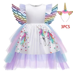 Rainbow Unicorn Girls Party Dress Cosplay Costumes Tulle Birthday Princess Kids Dresses for Girl Christmas Unicors Wedding Gown