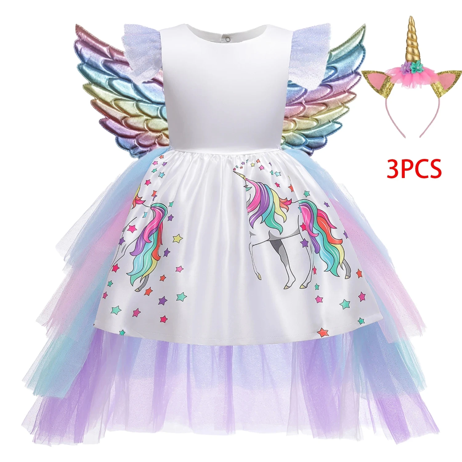 Fashion Rainbow Unicorn Party Girls Dress Elegant Tulle Birthday Princess Kids Dresses for Girl Unicors Wedding Evening Costume