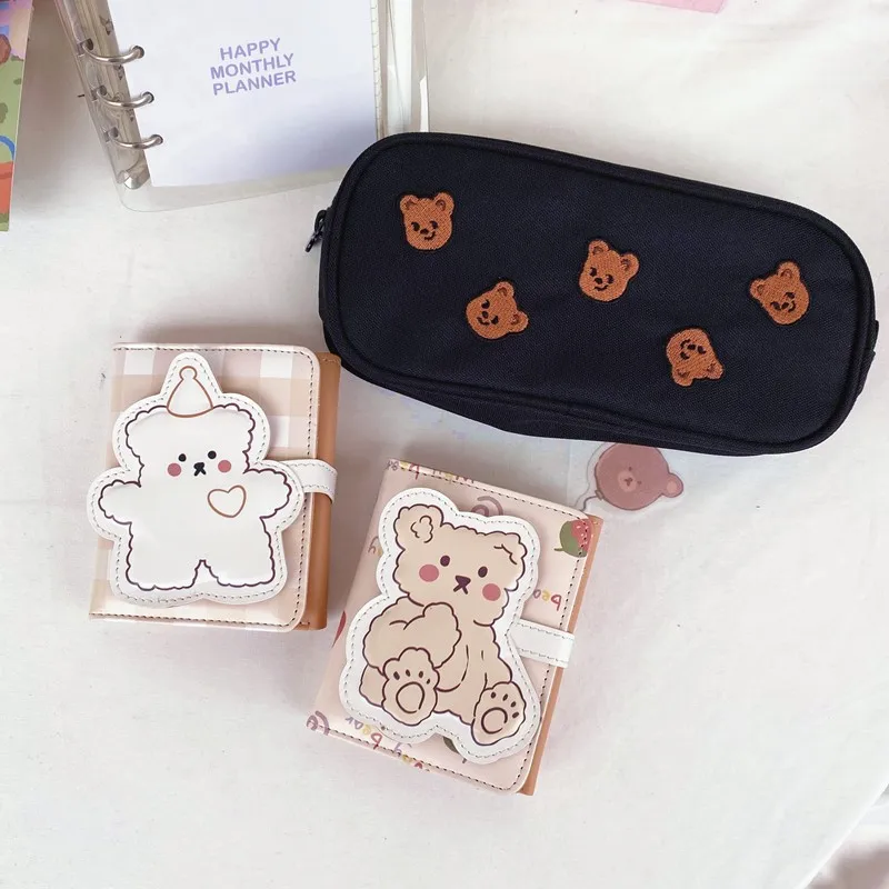 Carteira de bolsa pu de desenho animado, adorável, ursinho, moeda, simples e portátil, três dobras, estudante, mini bolsa de cartão, presente de aniversário