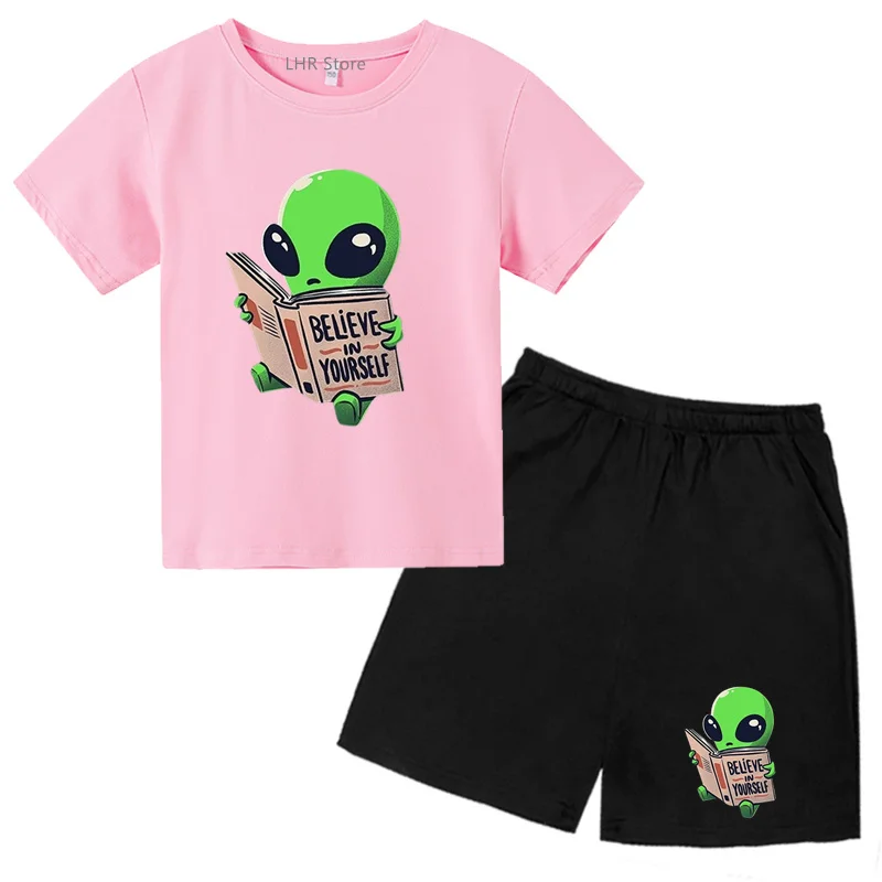 

Believe In Yourself Summer Tshirt Print Children Round Neck T-shirt+Shorts set Boys Girls age 3-12 Short Sleeve Casual