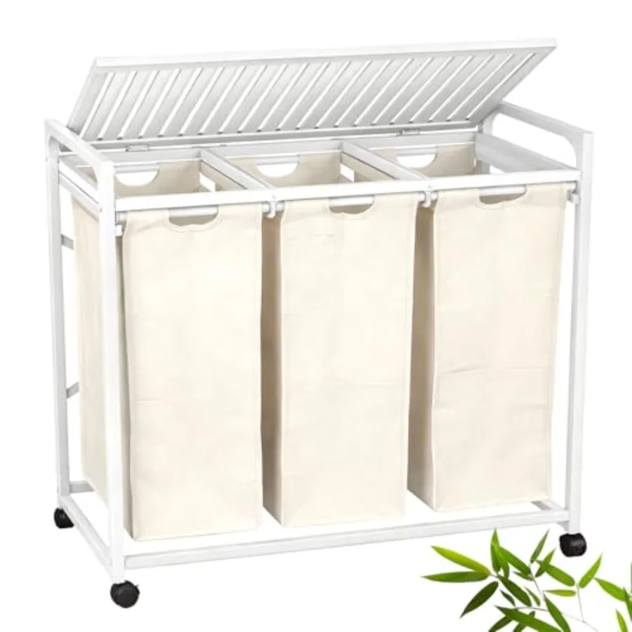 

Bamboo Laundry Hamper with Lid 3-Section 150L Sorter for Laundry Room Bathroom Lockable Wheels Pull-Out Washable Bags 3×12.5 Ga