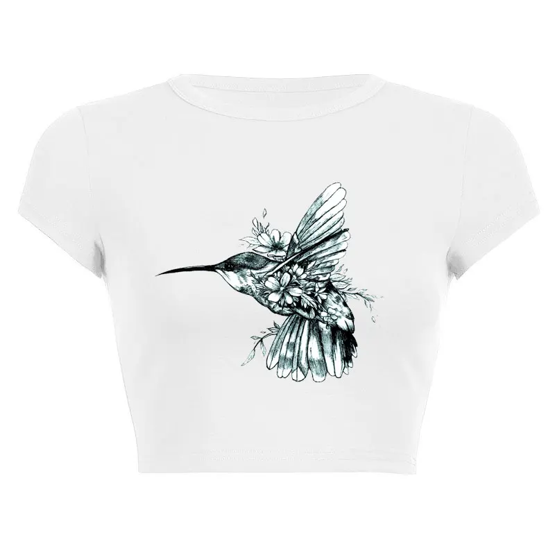 Kingfisher Print Summer outfit Pattern Short Sleeve O Neck Sexy Cropped Navel Women Crop Tops Fashion T-Shirt