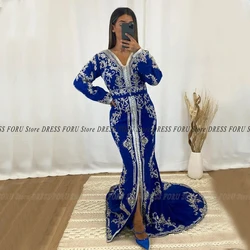 Vintage Mermaid Customized Evening Dress With Long Sleeve V Neck Applique Kaftan Formal Party Gown For Woman Celebrity Wear Plus