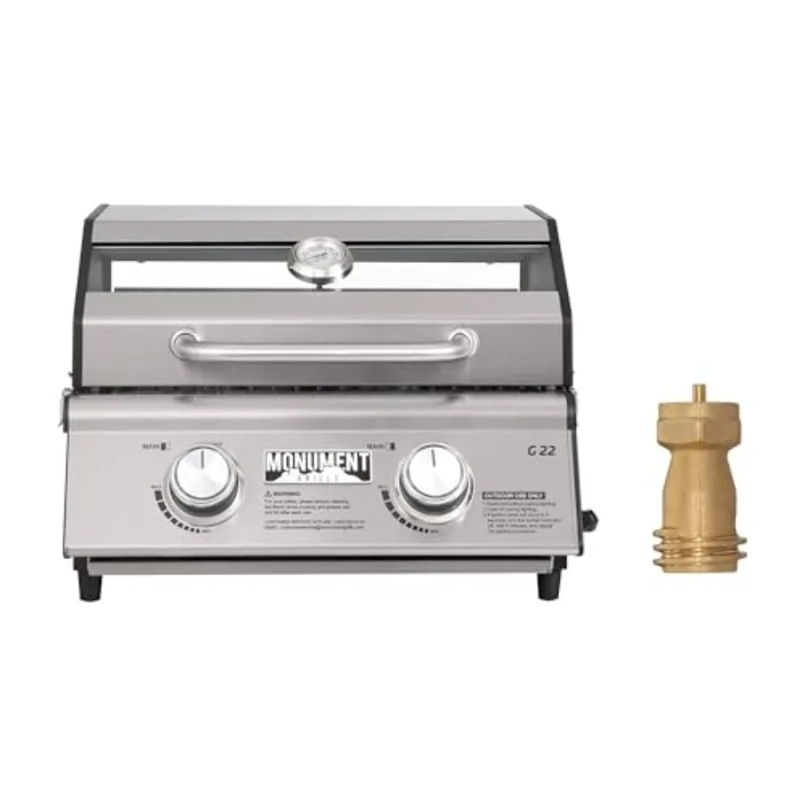

Tabletop Propane Gas Grill with Clearview 2-Burner Stainless Steel Construction Silver Finish Built-in Temperature Gauge and Si