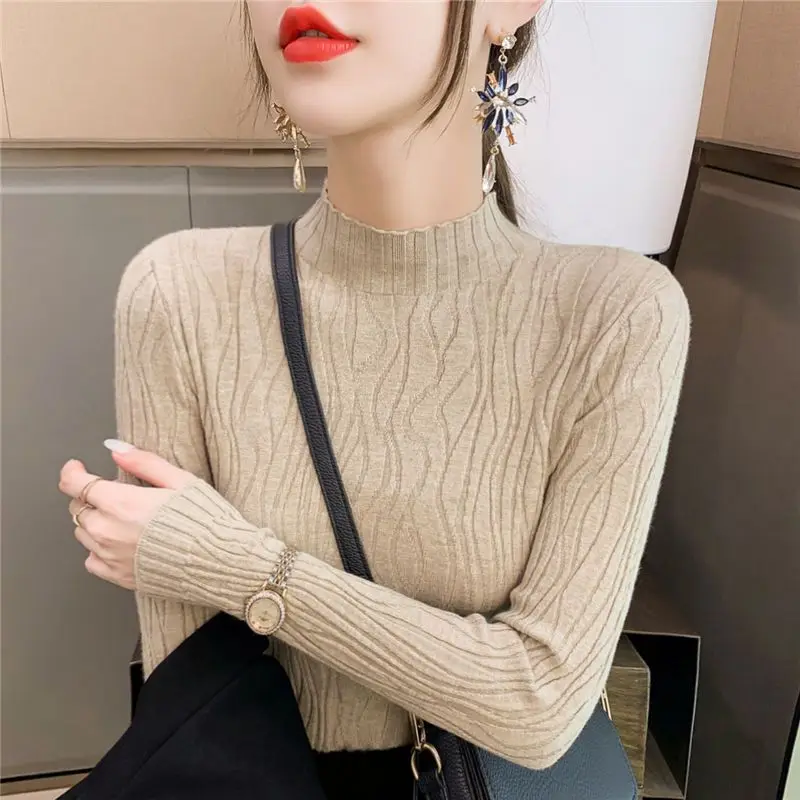 Autumn Winter New Fashion High Collar Long Sleeve Solid Pullovers Women\'s Clothing Slim Knitting Bottoming Shirt All-match TopS