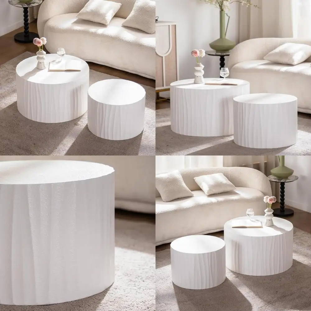

Modern White Circle Coffee Table Set for Living Room, Wood Nesting Tables, No Assembly Required (46.45in)