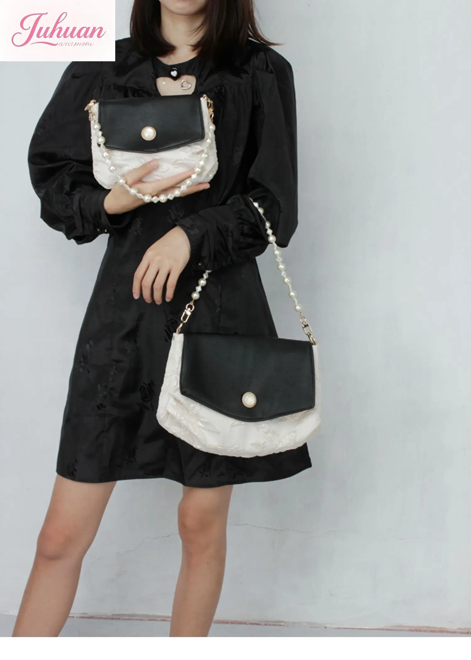 

Retro Crossbody Armpit Bag 2025 Hot White Black Contrasting Color Beaded Chain Crossbody Bags Literary Plant Flower Embossed Bag