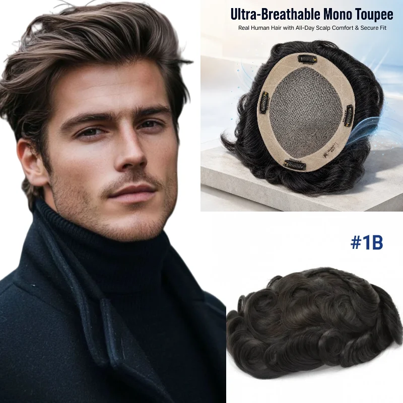 Men Wig 100% Human Hair Mono+NPU Base With Clips 6x8cm 6inch 30mm Wave 130% Hand-Tied For Gray Hair Coverage Stock 72H Ship