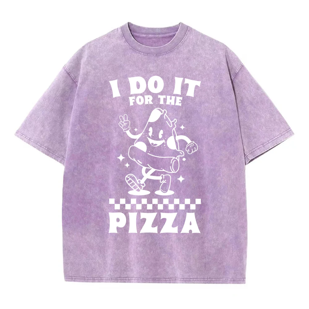 New Cute Pizza T-Shirt Crew Neck Retro Washed Alphabet Printing High Gram Weight Cotton Top Fashion Casual Short Sleeves