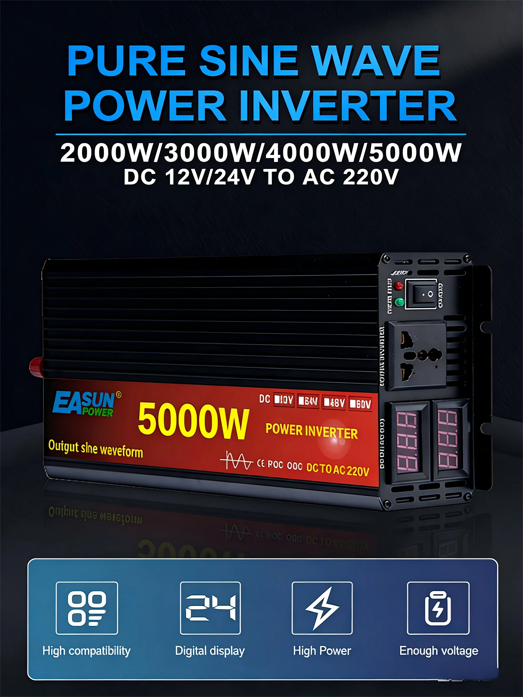 EASUN POWER Zuivere Sinus Omvormer 3000W 4000W 5000W Omvormer DC 12V 24V Naar AC 220V Converter LED Display EU Voorraad - afbeelding 2