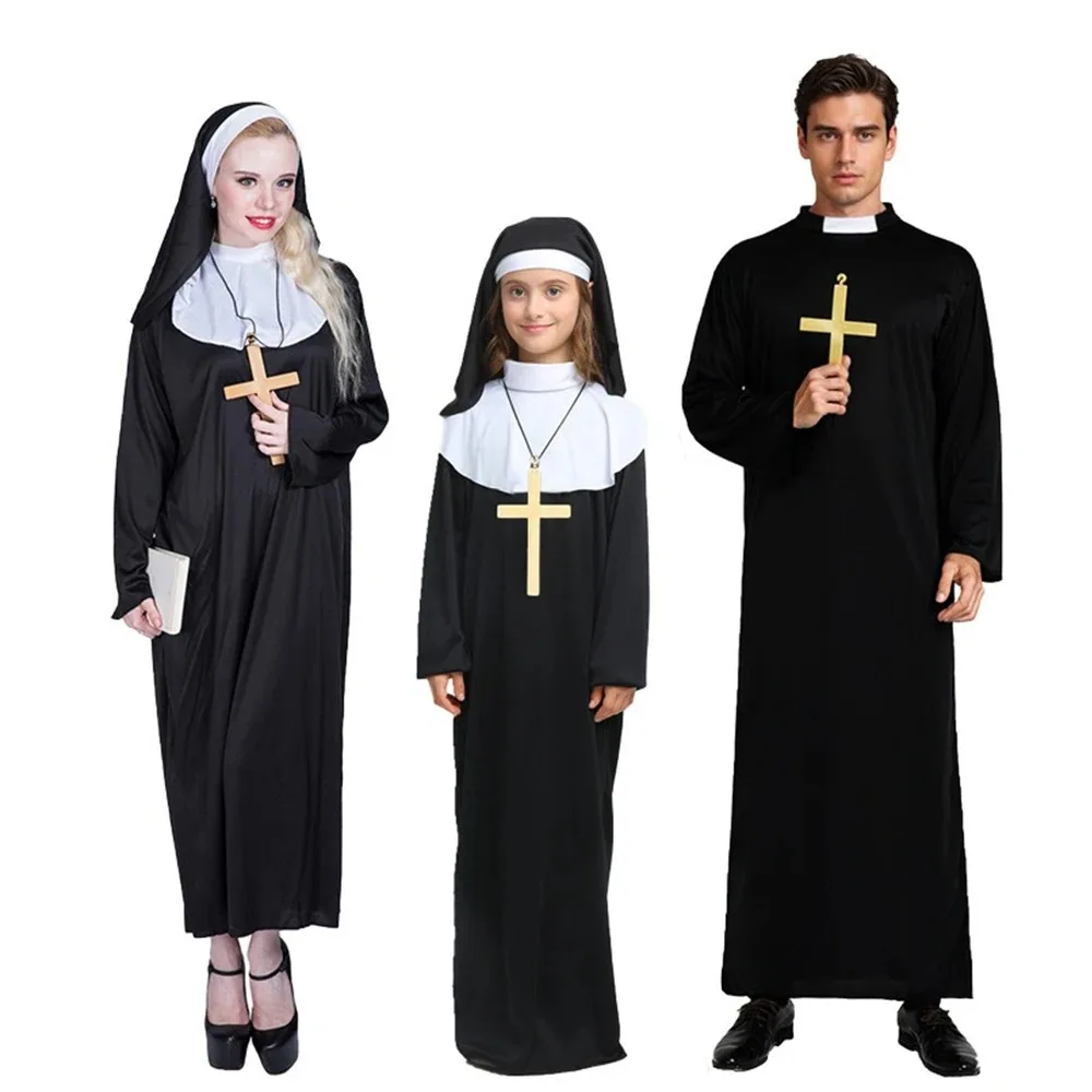Religious Style Robe Costume Set Classic Black Long Gown With White Collar And Head Scarf Matching Cross Pendant Accessory Style Groups Soft Comfort Fabric For Halloween Party Church Themed Event Stage Performance Masquerade Cosplay Fancy Dress Outfit