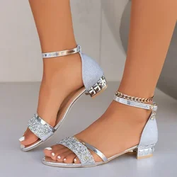 Strap Sandals Low Heel Dress Shoes Bag Heel Pumps Gold Women's Sandals Summer New Style Open Toe Bare