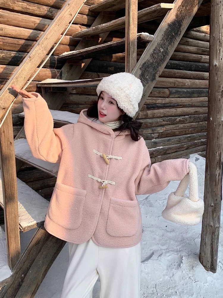 Winter Hooded Parkas Women Sweet Horn Buttons Pocket Plush Warm Casual Coats Loose Long Sleeve Faux Lamb Wool Female Outwear New