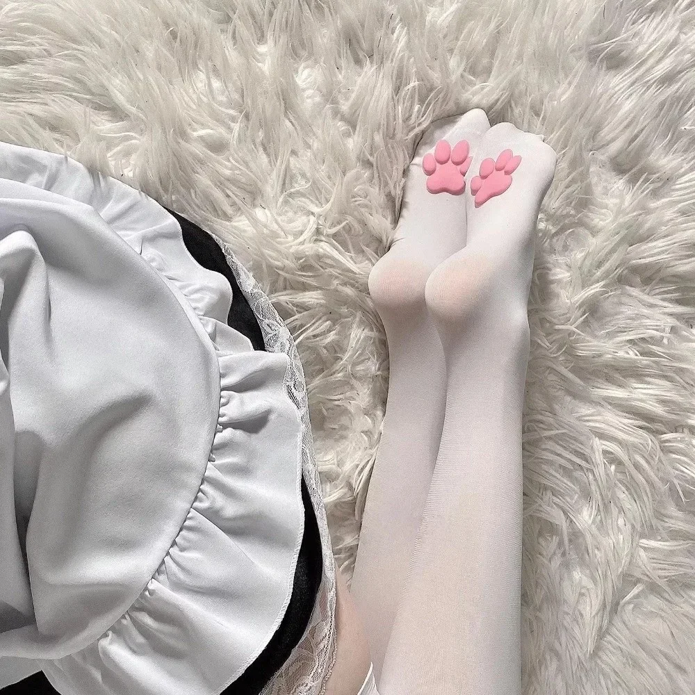 Cute 3D Cat Paw Pink Knee High Socks, Japanese Style Non-slip Thin Solid Color Stockings, Leg Sleeves for Women Girls Cosplay Daily Wear