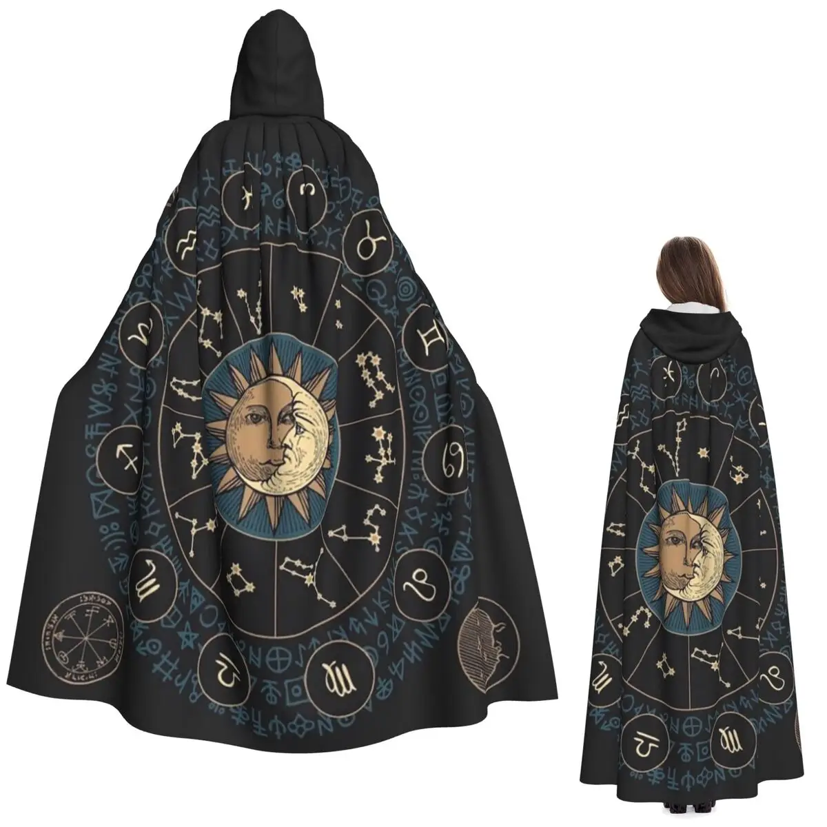 عجلة الأبراج مع علامات زودياك عباءة طويلة مقنعين الساحرة القرون الوسطى زي تأثيري كيب HalloweenParty الكبار للجنسين