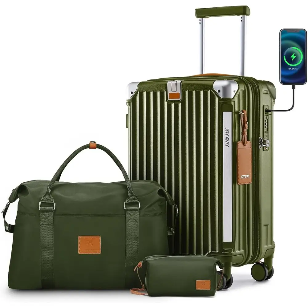 

3-Piece Expandable Suitcase Set with Cup Holder, USB Port, and Anti-Slip Wheels for Men and Women in Green