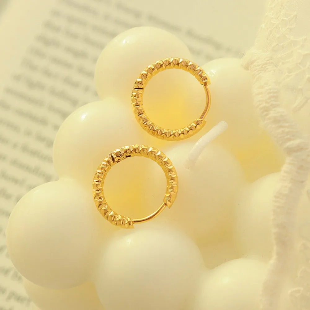 Korean Stainless Steel Circle Earrings Hoops Minimalist Texture Titanium Steel Ear Cuff Fashion Women