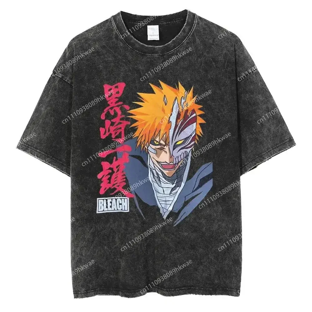 BLEACH Ichigo Kurosaki Hollow Mask Print T-shirt Black Washed Oversized Cotton Casual Streetwear Tee For Fans