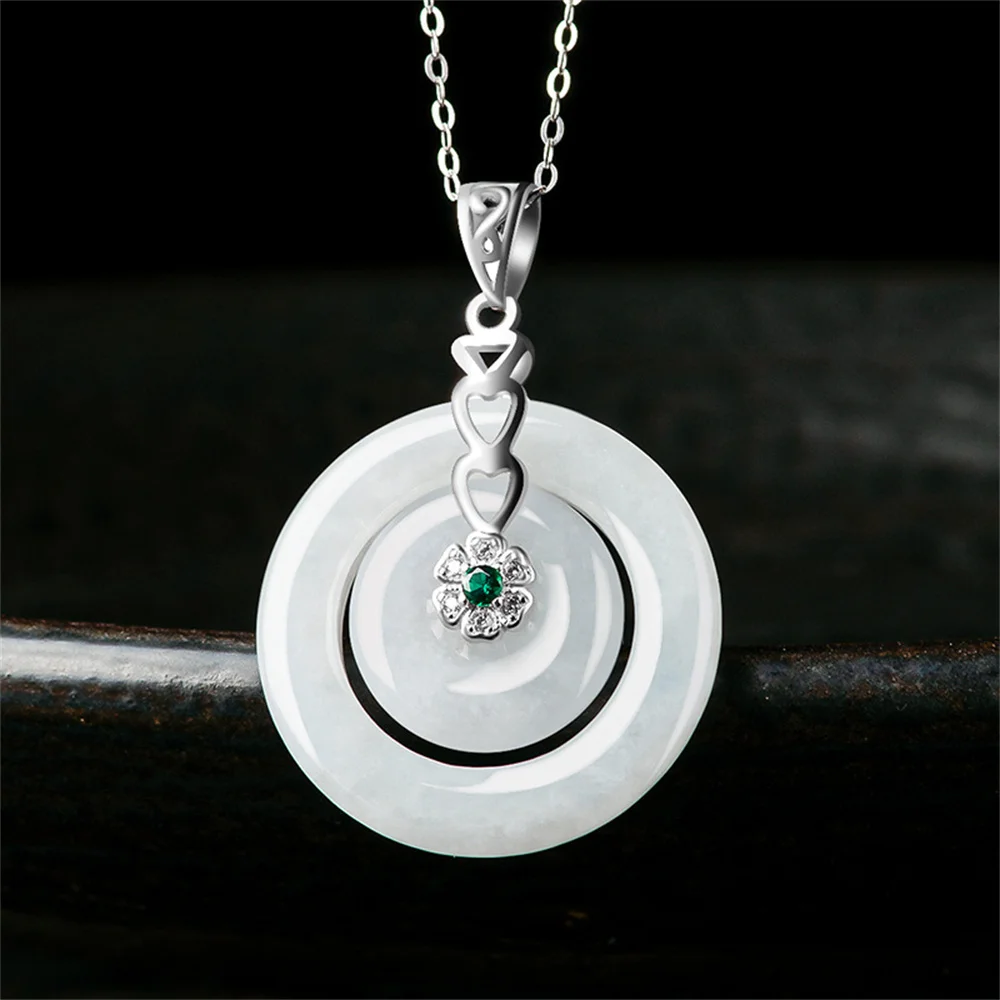 

925 Silver Natural Ice Jadeite Carved Double Round Harmony Fortune Lucky Pendant S925 Amulet Necklace Certificat Trendy Jewelry