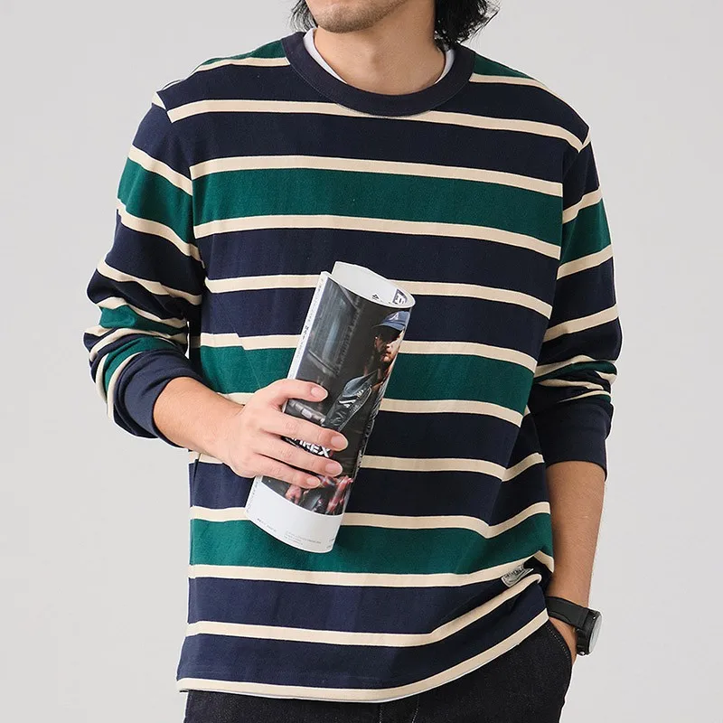 

Yapher Men's Casual Striped Long Sleeve T-Shirt Heavyweight 100% Cotton Loose Fit Round Neck Pullover for Spring and Autumn Top